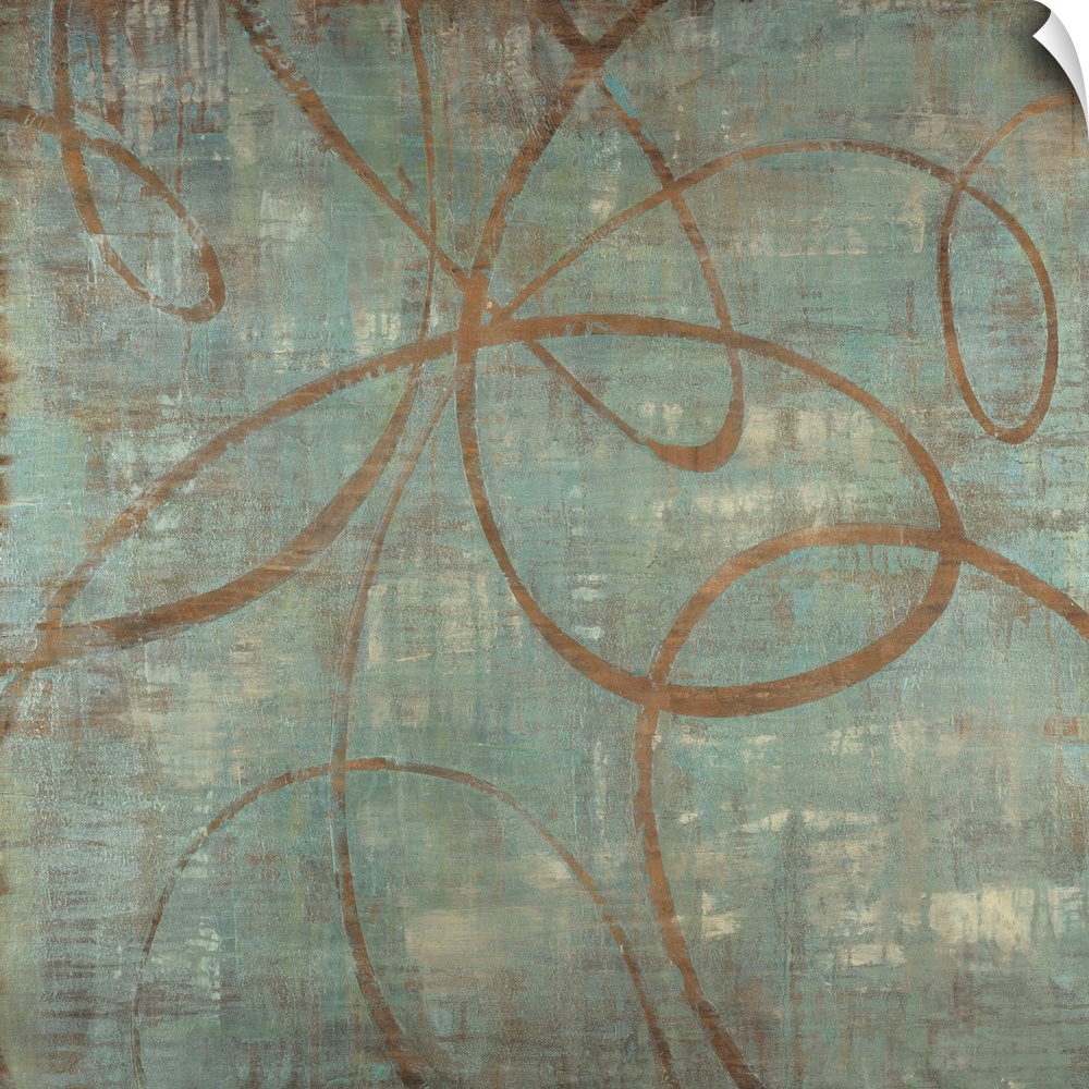 Big abstract painting of lines curving on top of a grungy textured background.