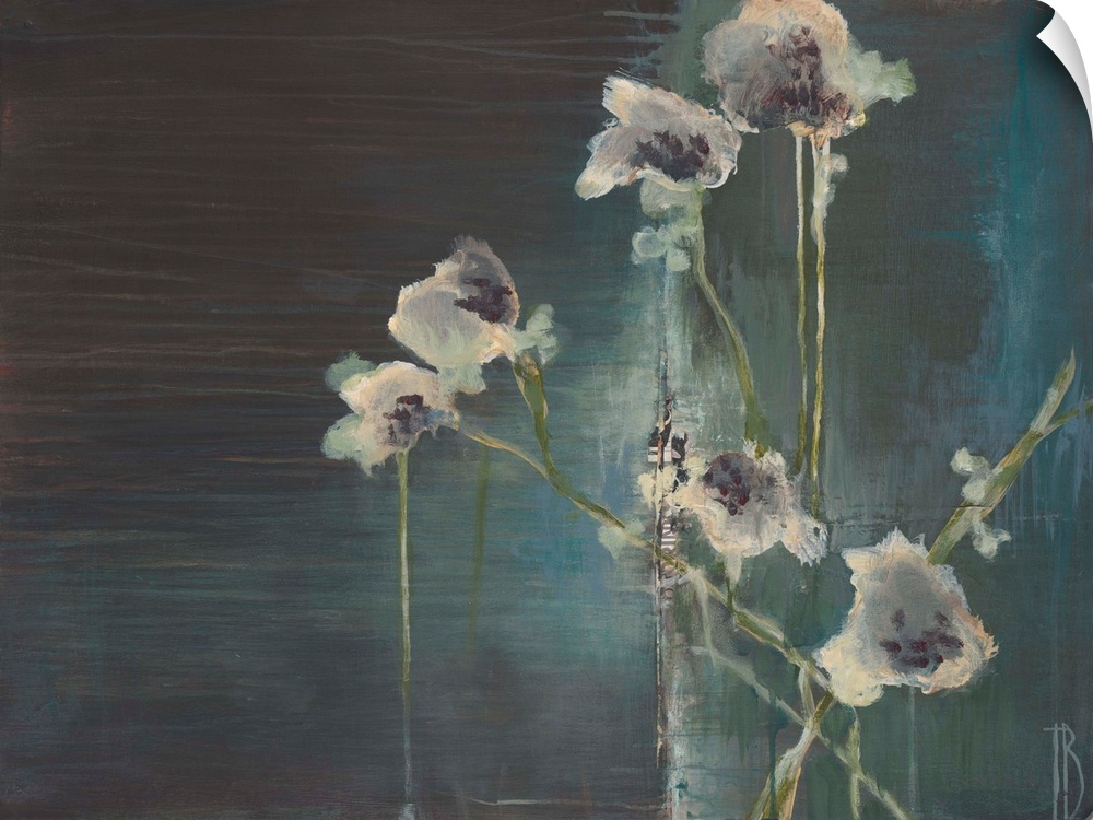 Contemporary painting of white flowers dripping against a deep blue background.