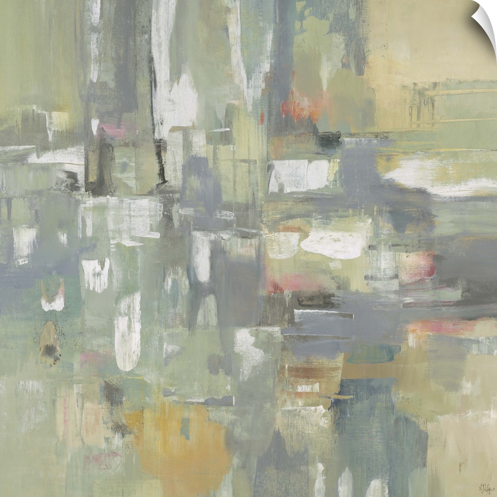 Contemporary abstract painting of pale muted green geometric shapes colliding together.