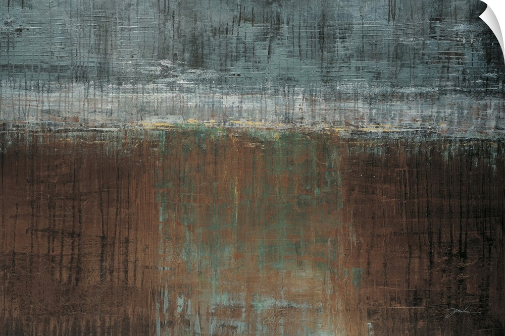A contemporary abstract painting using muted gray blue tones against a layer of brown tones meeting in the middle of the i...