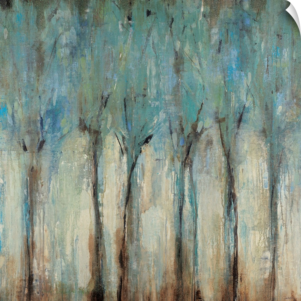 An abstract square wall art painting with layers of messy paint arranged in vertical shapes reminiscent of trees.