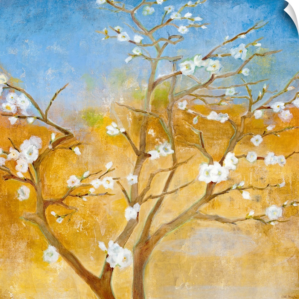 Decorative artwork perfect for the home of a thin tree that has white flowers blooming on its branches.