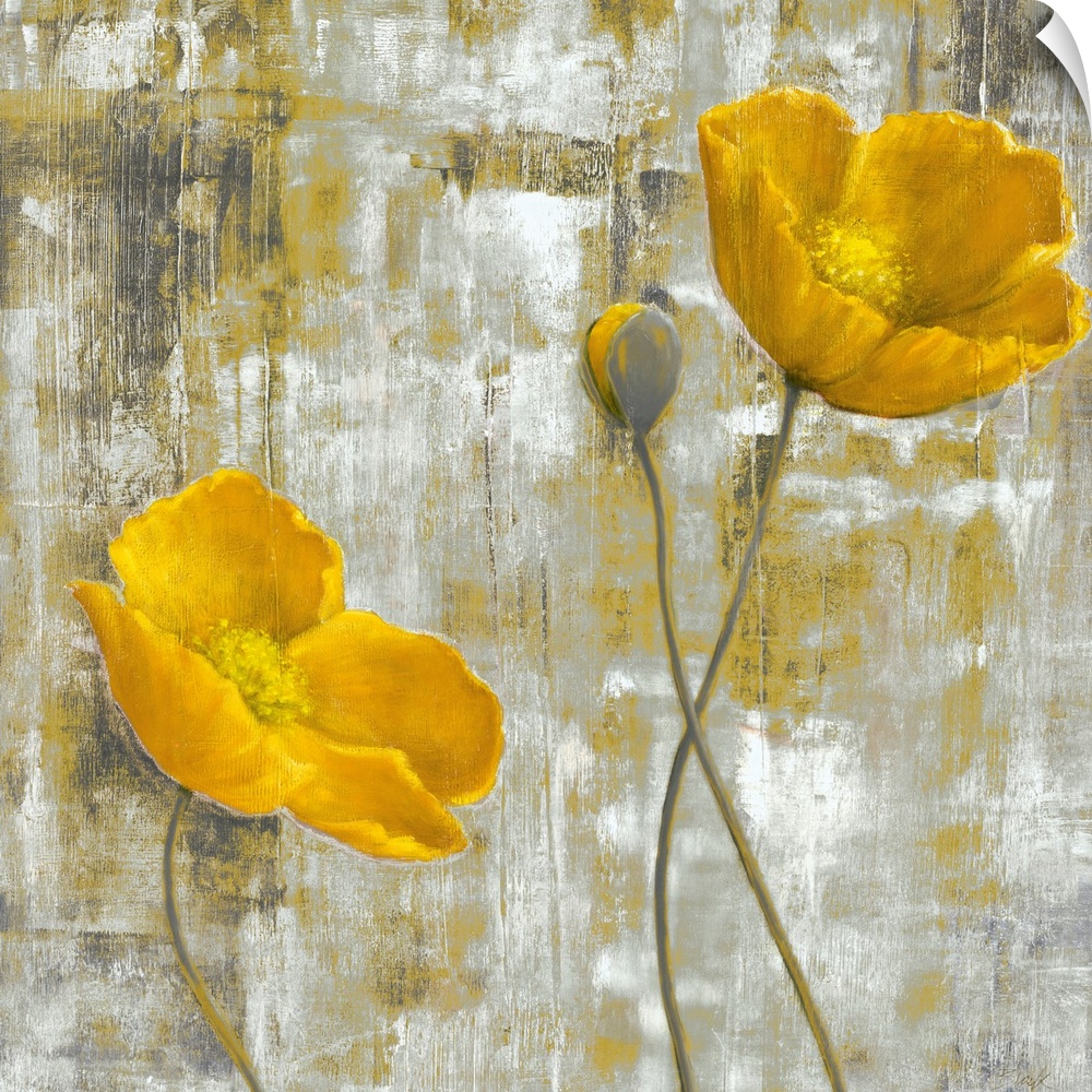 Contemporary artwork of two yellow flowers and a third budding flower. The background is abstract with colors that complim...