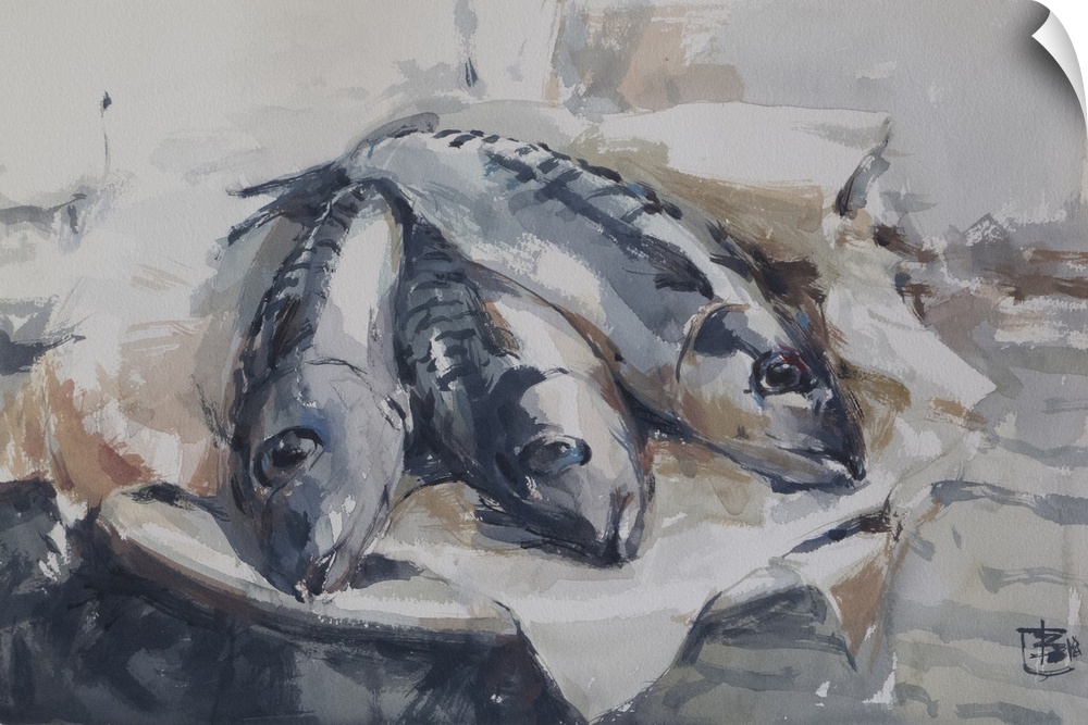 Mackerels in monochromatic blues sit restfully on a plate in this still life artwork.
