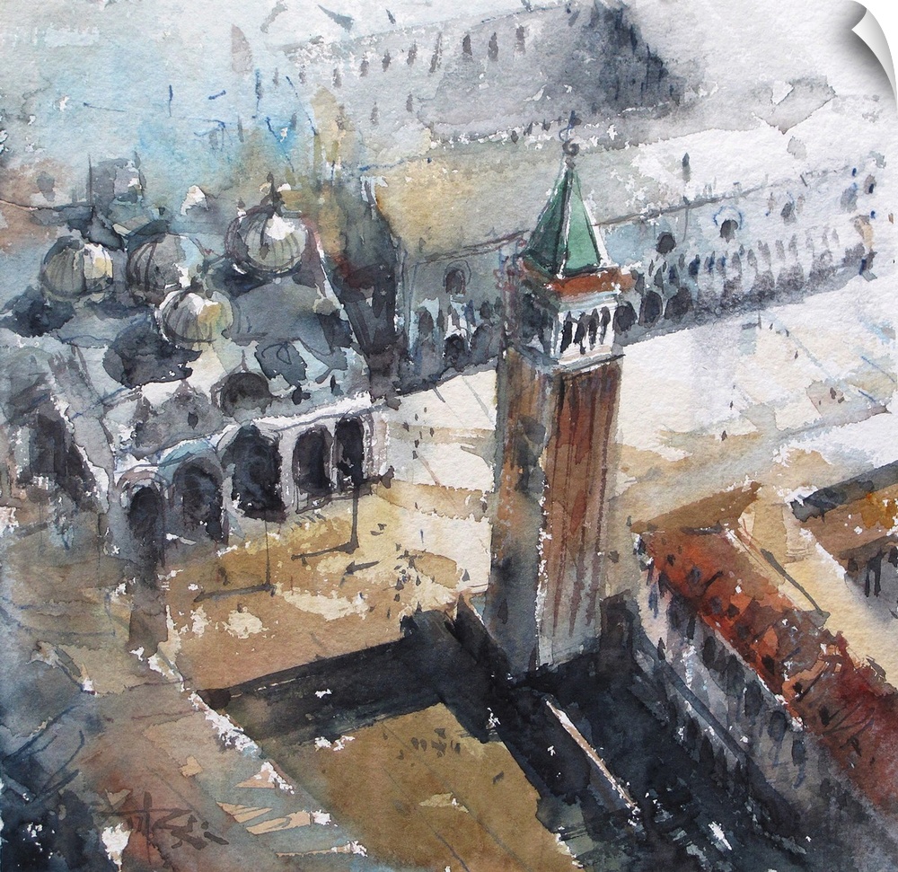 Watercolor artwork of Piazzo San Marco in Venice that emphasizes strong composition and shadows.