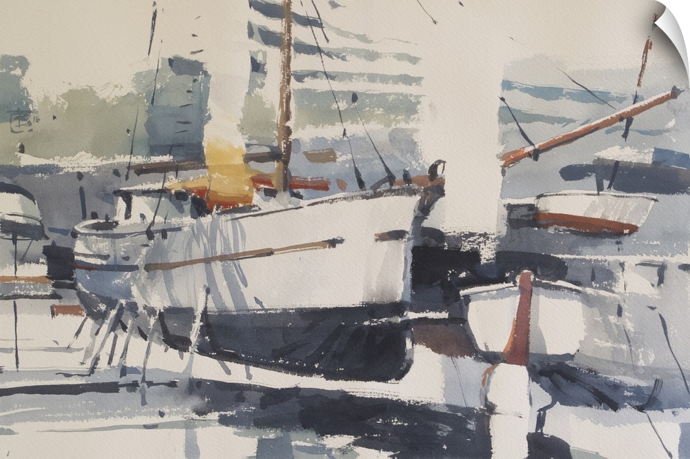 Soft watercolor brush strokes with pops of red create a scene of yachts and boats in an imaginary dry dock.