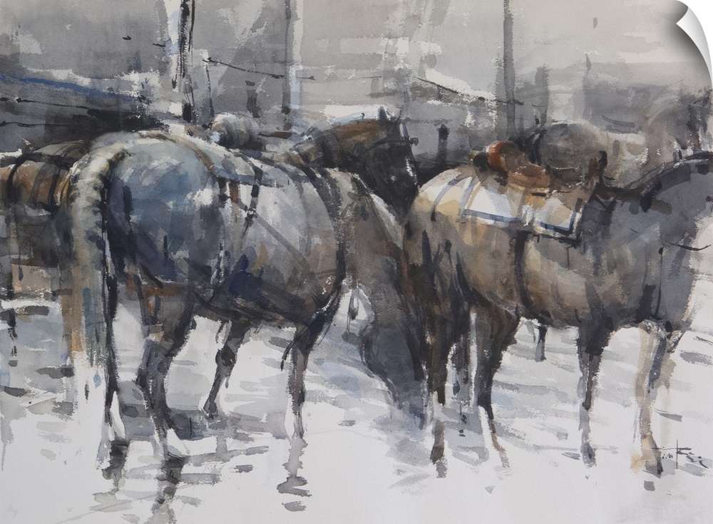 This contemporary artwork depicts a group of horses drinking in the river using a moody palette and impressionistic brush ...