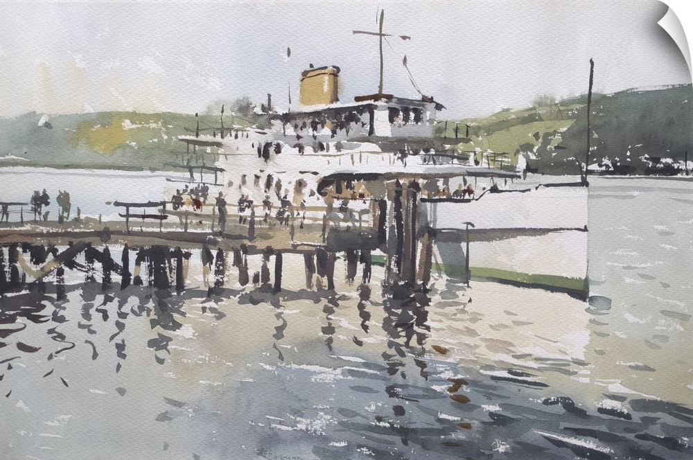 This contemporary artwork uses short watercolor brush strokes in earthy colors to create Mt. Washington Steamer at the doc...
