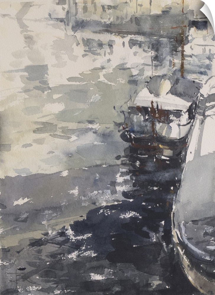 This contemporary artwork features dry watercolor brush strokes and heavy shadows to create a solemn sailboat docked in a ...