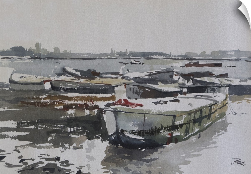 This pensive artwork features earthy tones and illustrates abandoned old barges at the shore of Thames river.