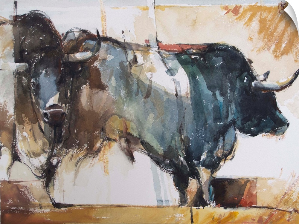 This contemporary artwork features two bulls in motion using a complementary palette and impressionistic brush strokes.