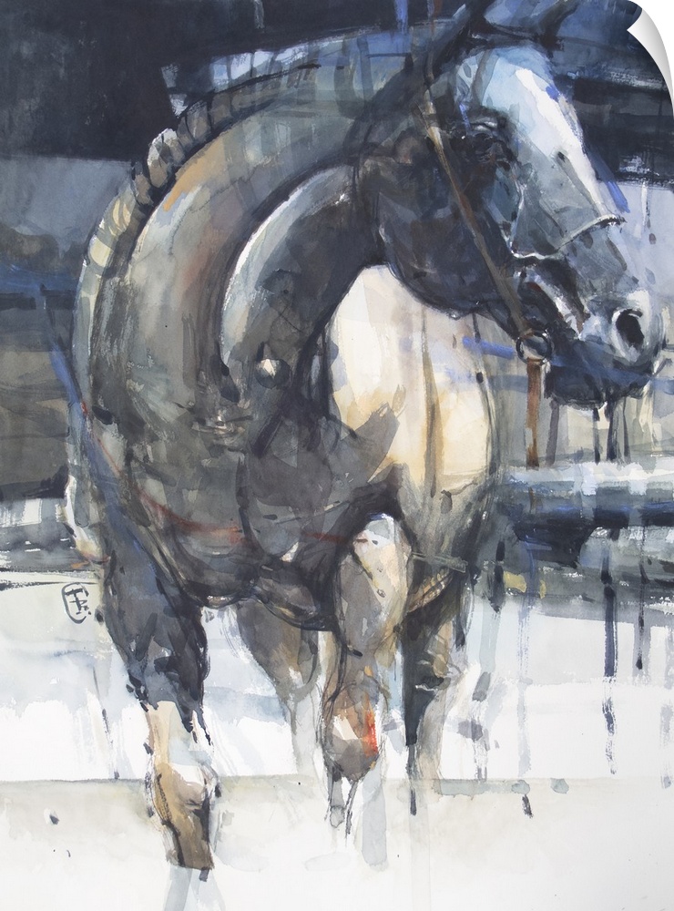 This contemporary artwork uses energetic watercolor brush strokes and pops of blue to illustrate a strong horse pulling.