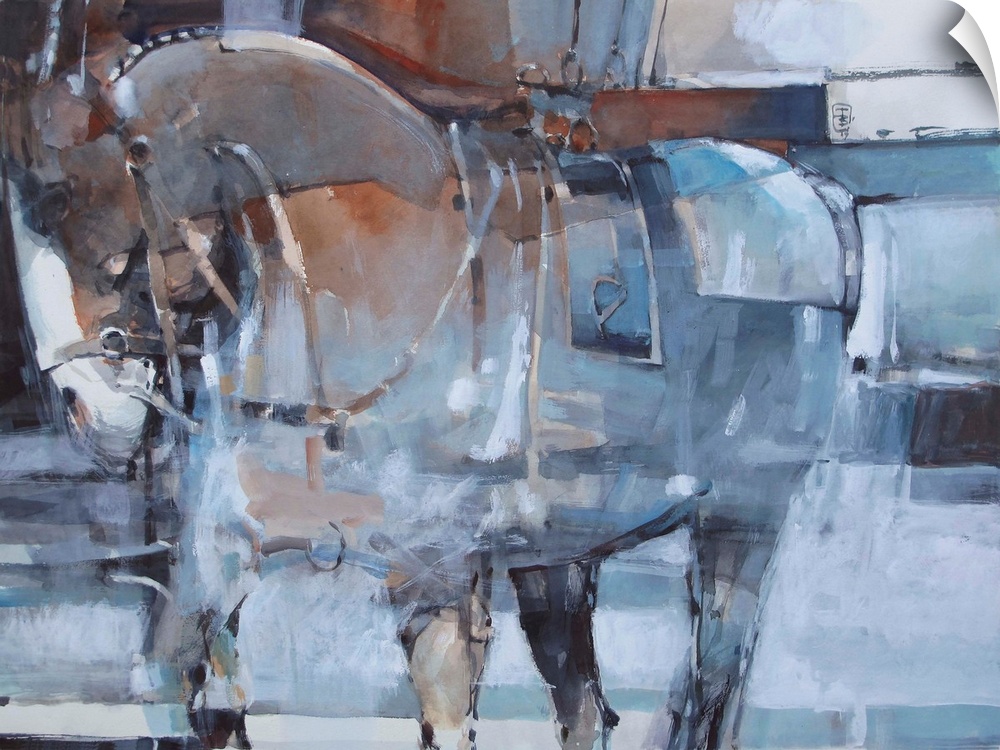 Distressed brush strokes and blocks of color form together to create a standing horse in a complementary palette.
