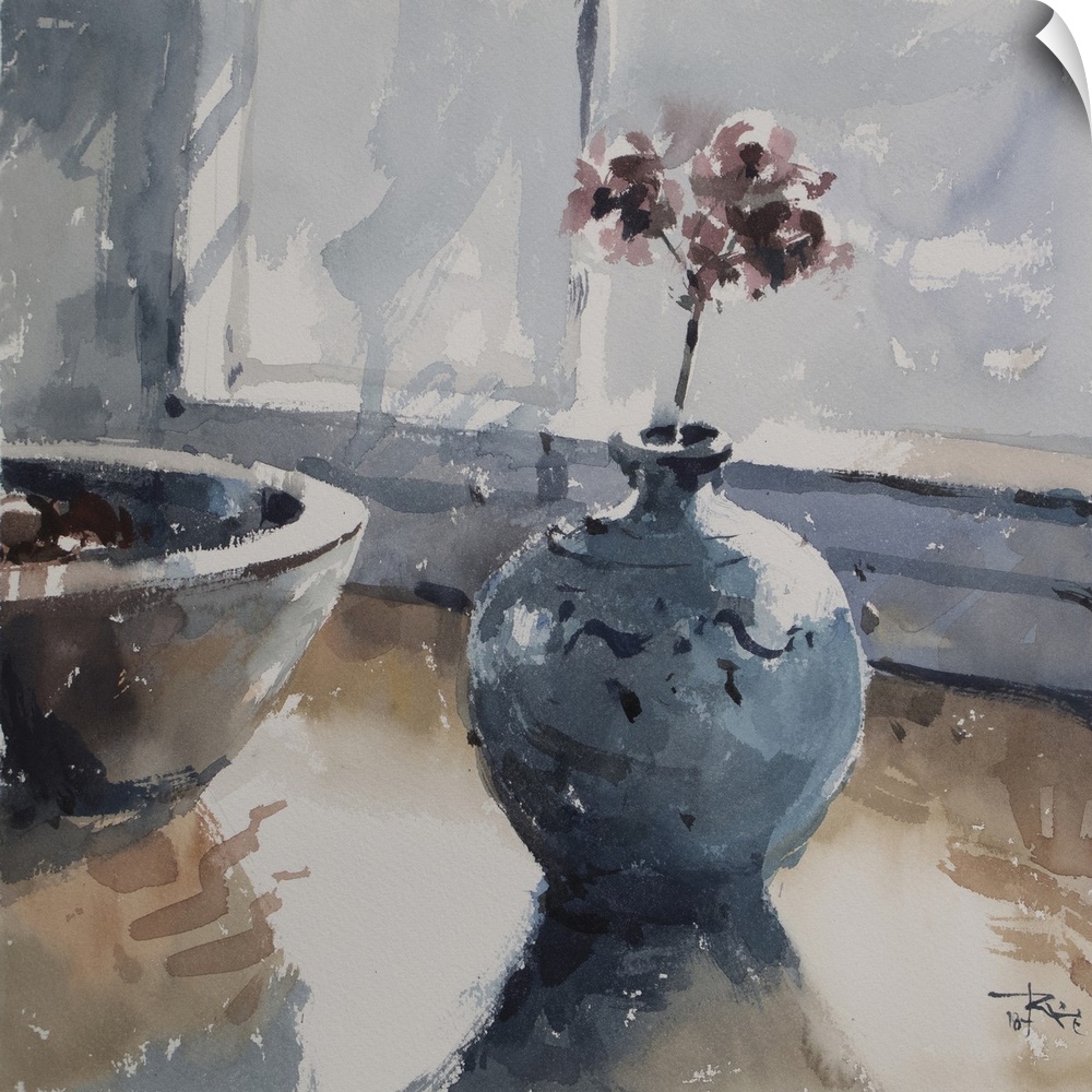 A soft blue decorative vase sits restfully on a table in this contemporary artwork.