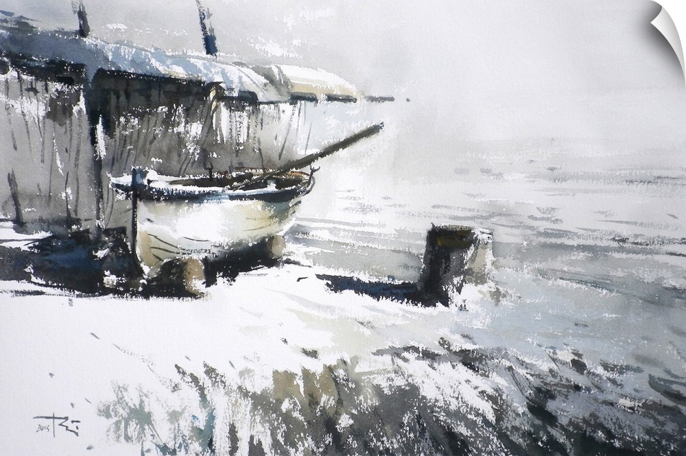 This contemporary artwork highlights snow covered surfaces near an old boat under a shed.