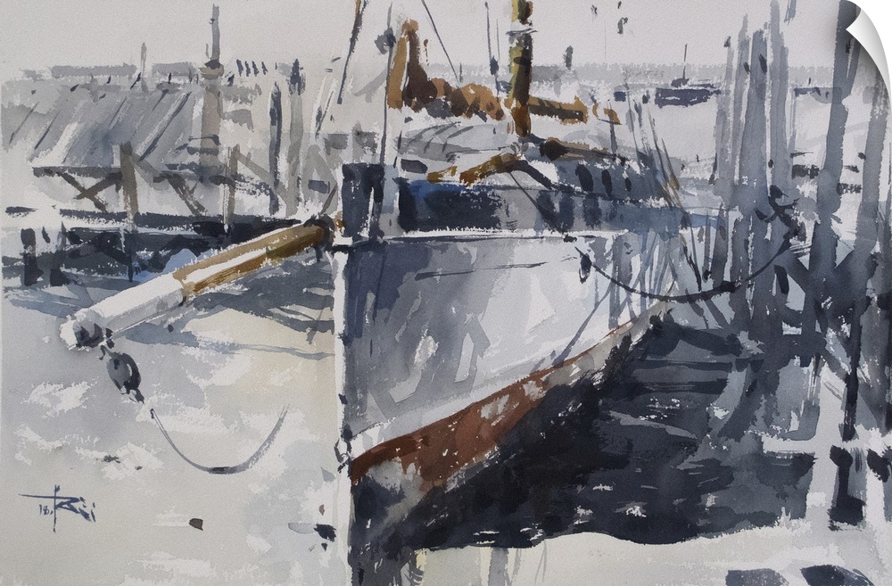 Gestural brush strokes of muted watercolors create a sailboat in a dry dock.