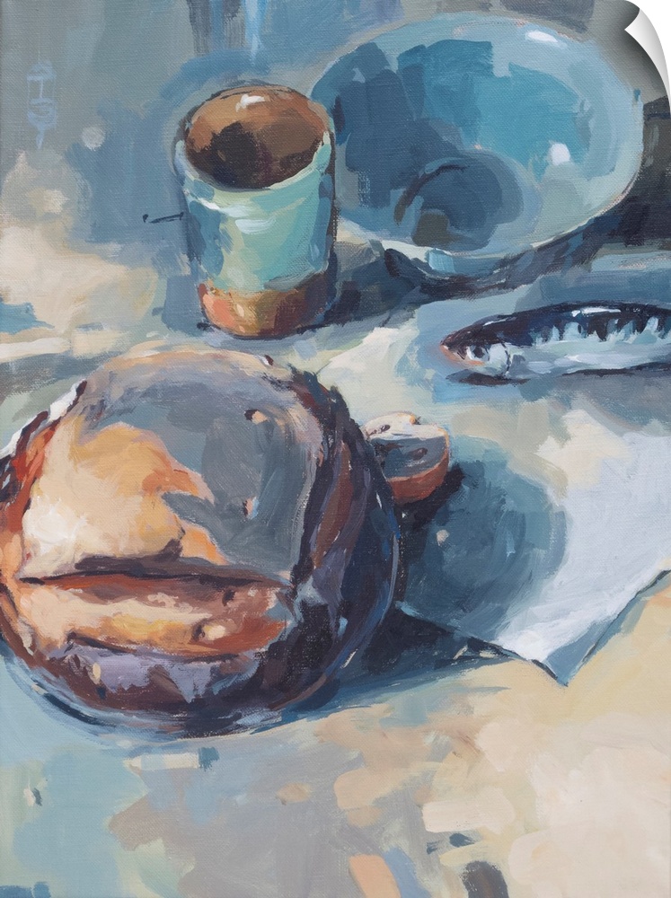 Contemporary watercolor painting of a loaf of bread and a small fish - reminiscent of a simple meal in the mediterranean
