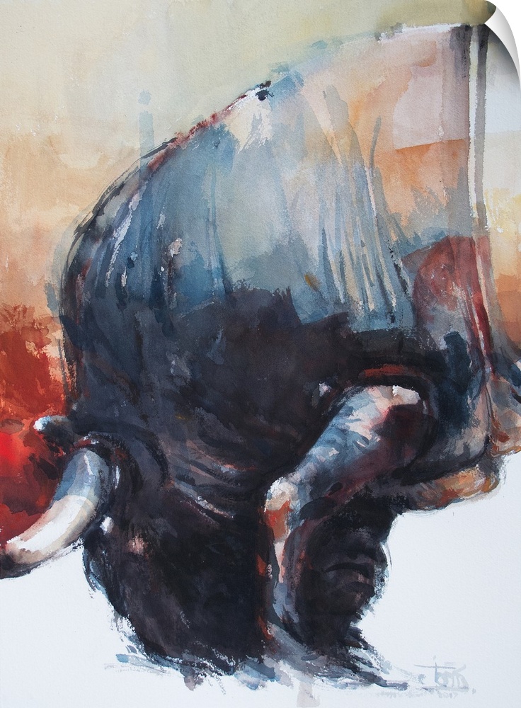 This contemporary artwork is the first half of a watercolor diptych of a falling bull.