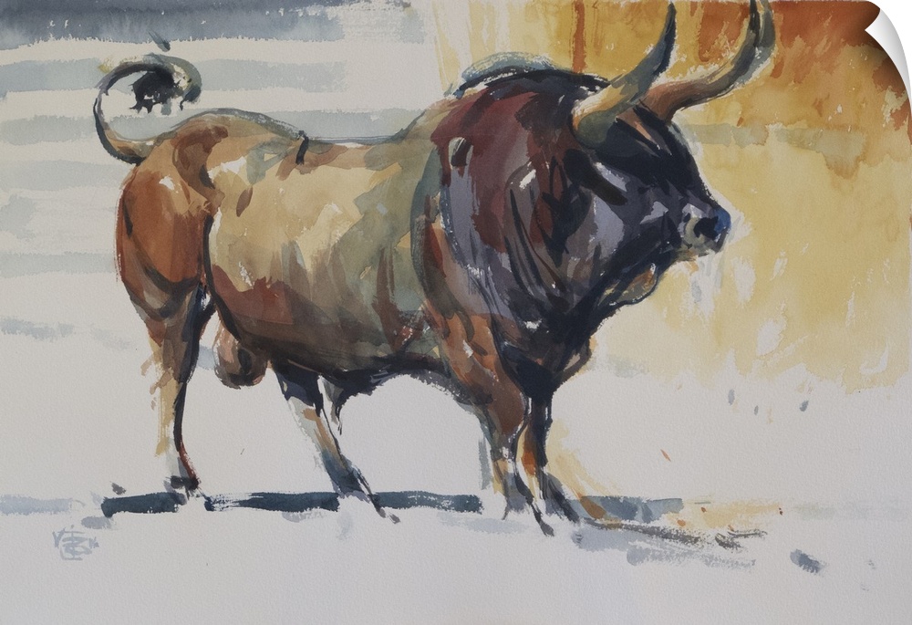 This contemporary artwork illustrates the strength of a bull using impressionistic brush strokes in warm shades of color.
