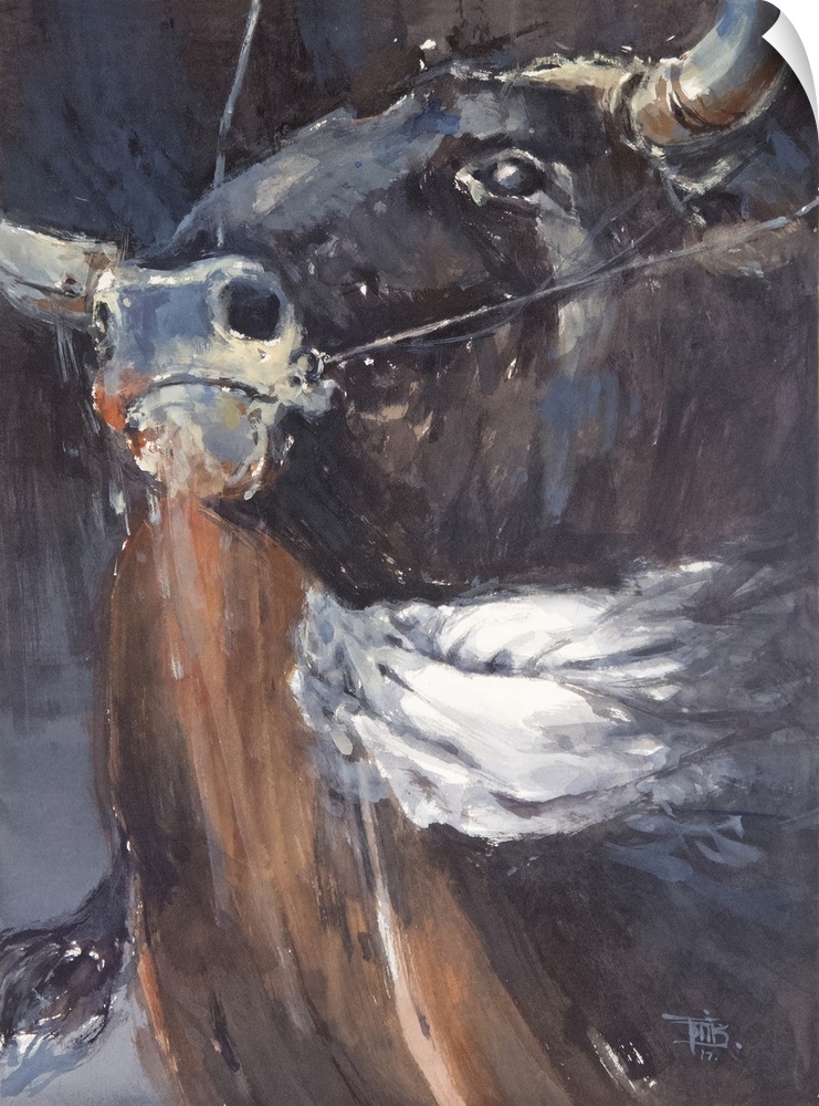 Full of soul and strife, this contemporary artwork illustrates emotion of a bull with dark moody colors.
