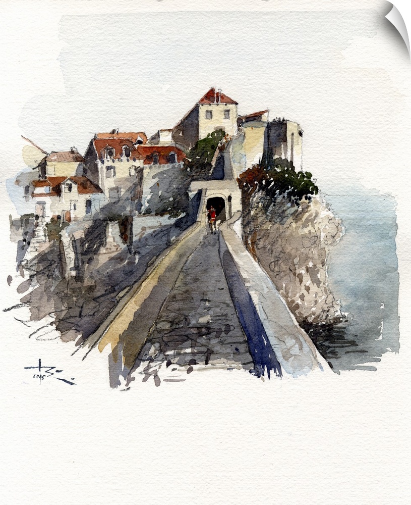 Gestural brush strokes of warm watercolors create a midday landscape of the Dubrovnik Walls.