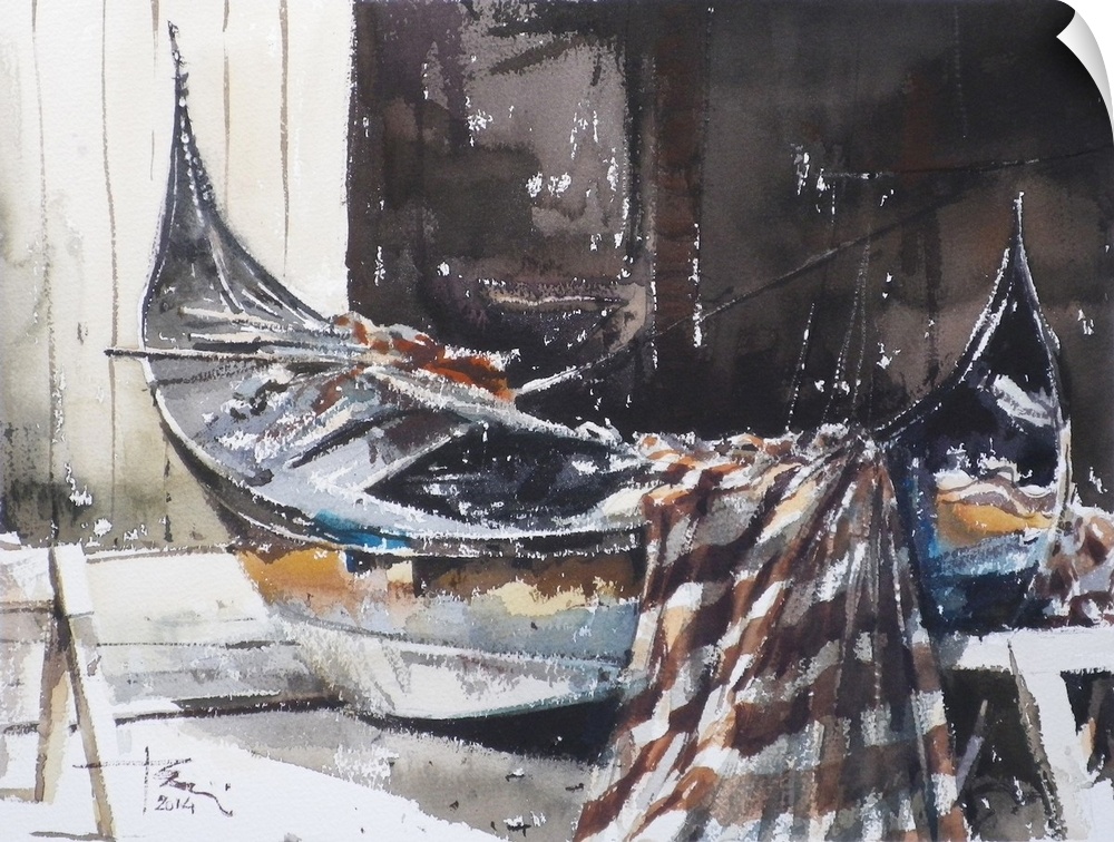 This contemporary artwork features dry watercolor brush stokes to illustrate a gondola in a repair shop.