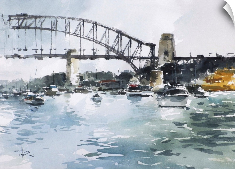 This contemporary artwork uses moody grays and rustling watercolor brush strokes to illustrate a ship near Sydney Harbor B...