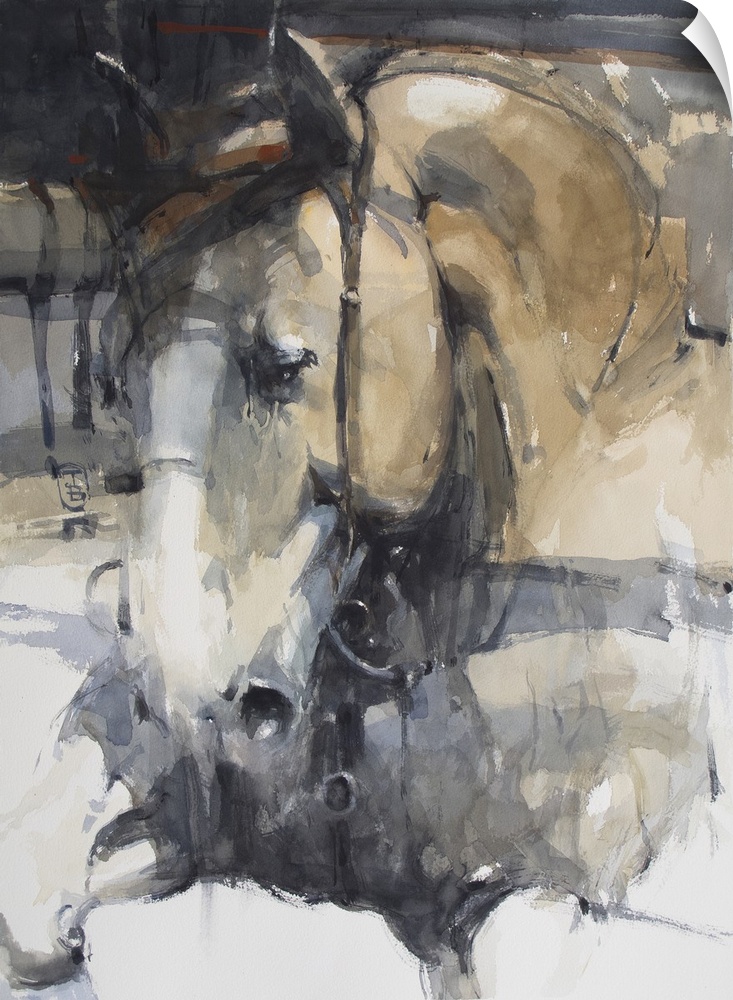 This contemporary artwork features soft brush strokes to illustrate a close up of a horse.