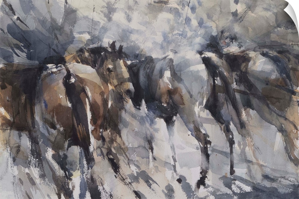 Full of energy and motion, this contemporary artwork reflects the movement of wild horses by using dynamic brush strokes.