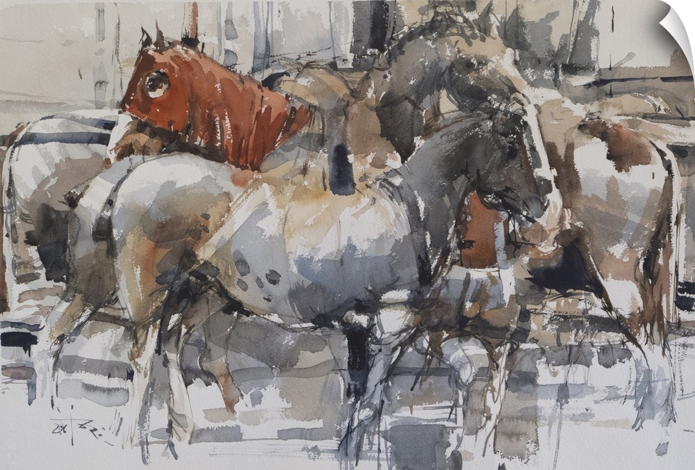 This contemporary artwork features a quiet moment of horses using earthy colors and impressionistic brush strokes.