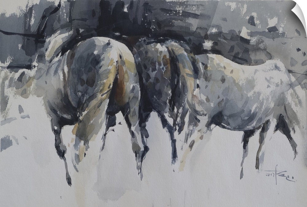 This contemporary artwork uses energetic watercolor brush strokes to illustrate an unexpected view of wild horses.