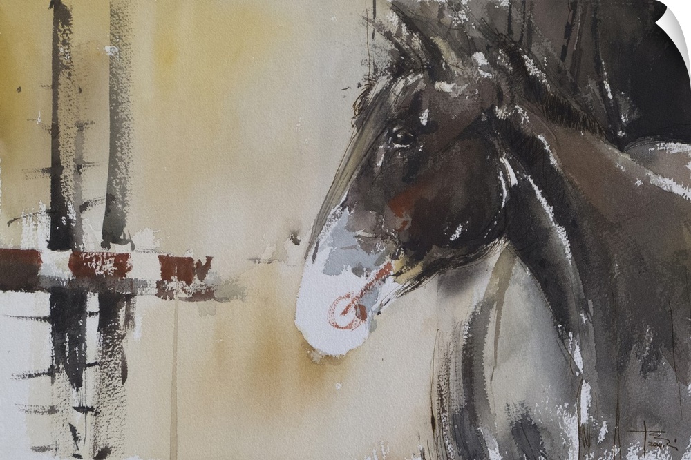 This pensive horse features earthy tones and exhibits movement with energetic brush strokes.