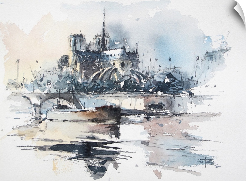 In this contemporary artwork, a lively sketch of an island near the Seine river uses shades of blue and soft blush colors.