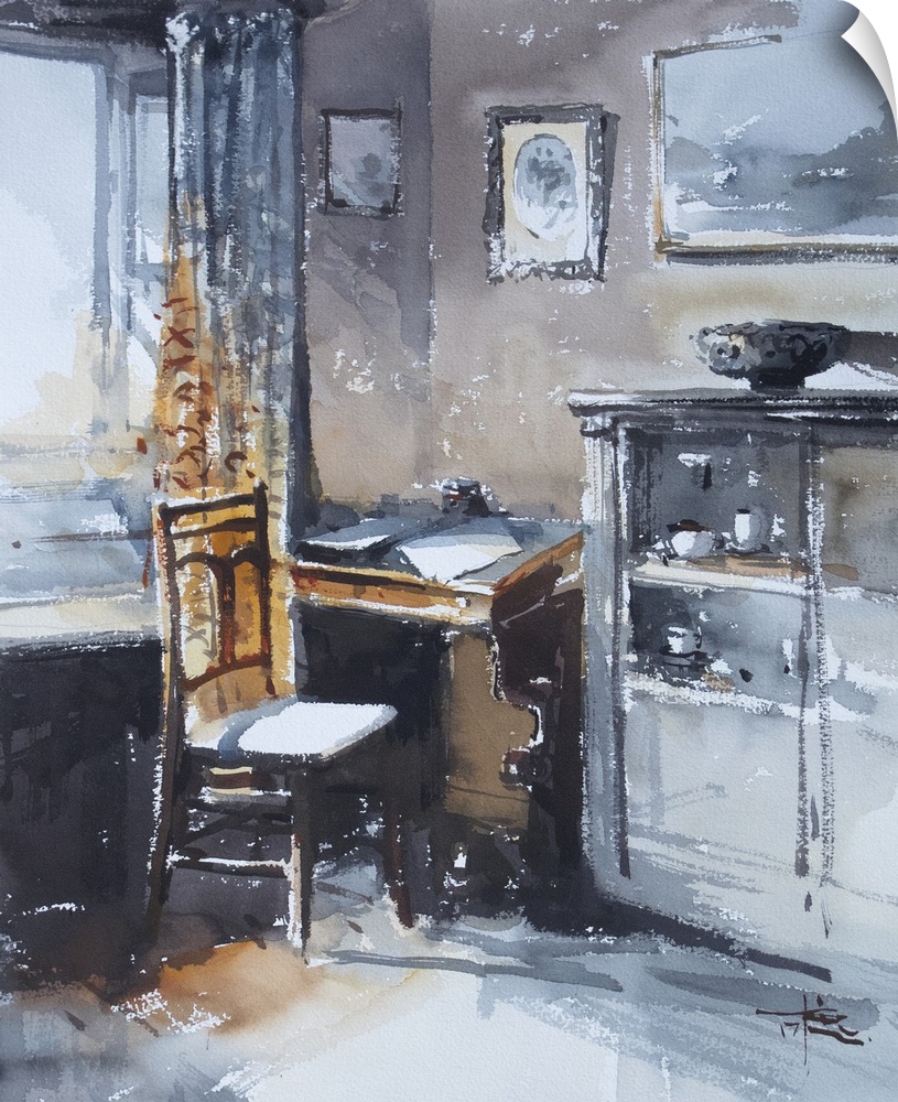 This contemporary artwork features dry watercolor brush stokes to illustrate an antique office space.