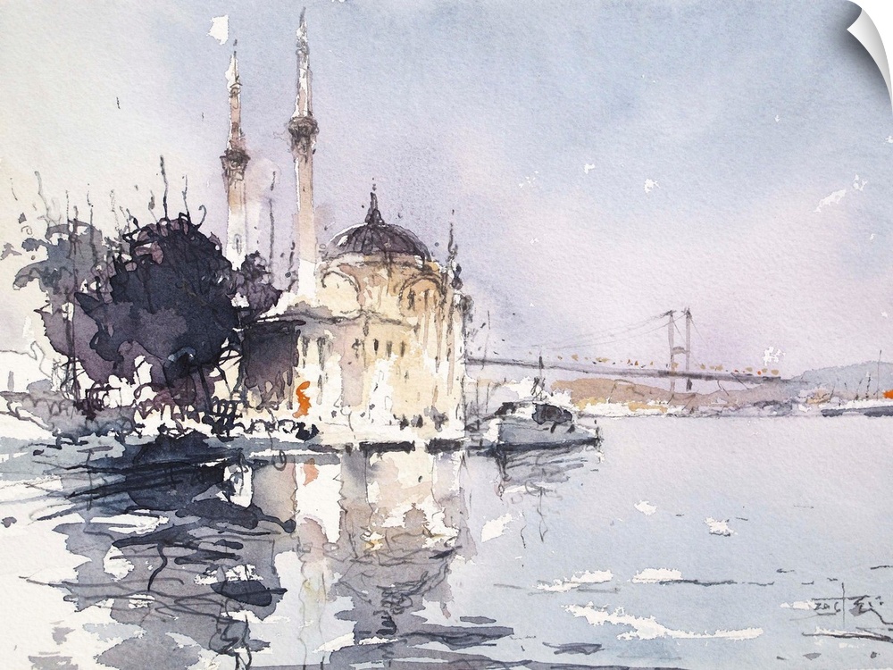 Gestural brush strokes of muted watercolors illustrate a unique waterfront view with Bosphorus bridge in the background.