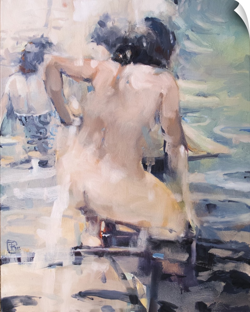 A contemporary portrait of an Italian bather uses impressionistic brush strokes in cool shades of green, blue colors with ...