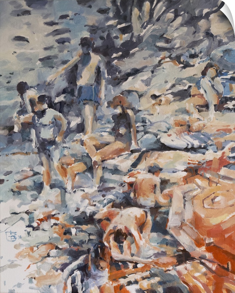 A contemporary portrait of Italian bathers uses impressionistic brush strokes and a complementary palette.