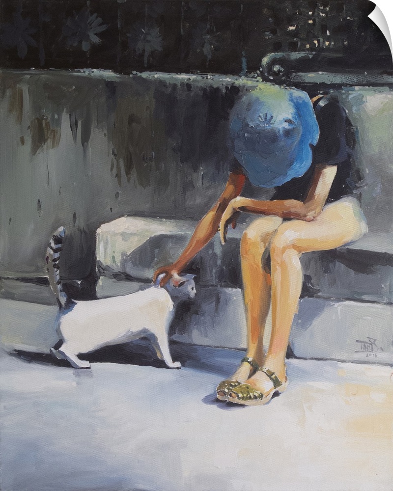 This contemporary artwork features a woman wearing a blue hat petting a cat with bright highlights and a contrasting dark ...