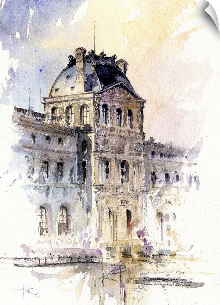 This contemporary artwork is a quick watercolor sketch of the architectural details of the Lourve museum.