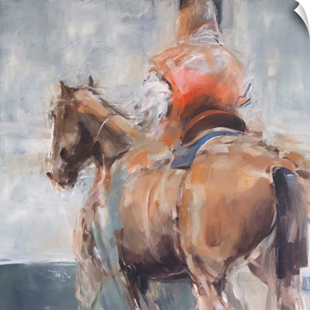 This contemporary artwork features a rider in red robes on a horse created from impressionistic brush strokes in warm shad...
