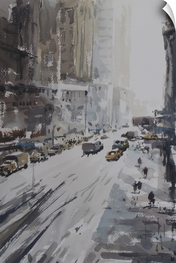 Energetic watercolor brush strokes in dark muted colors show Manhattan, New York city in the 1950's under snow.