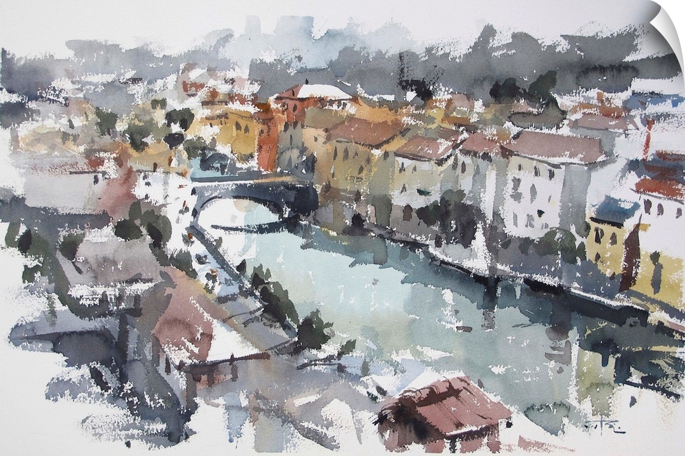 Gestural brush strokes of earthy colors create an elevated view of the small town of Bagni de Lucca, near Lucca, Italy.