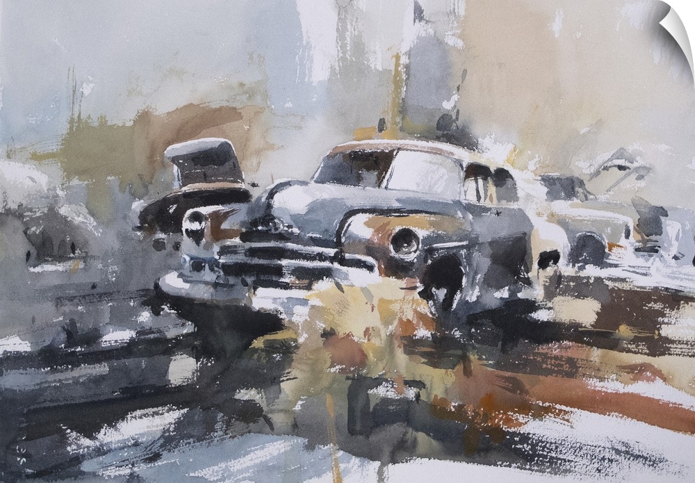Gestural brush strokes of muted watercolors illustrate car wrecks and rusted objects.