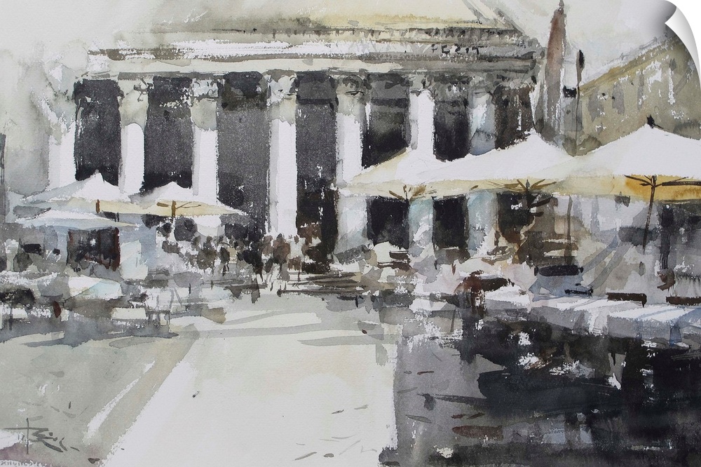 This contemporary artwork is a quick watercolor sketch of a street scene in front of Pantheon.