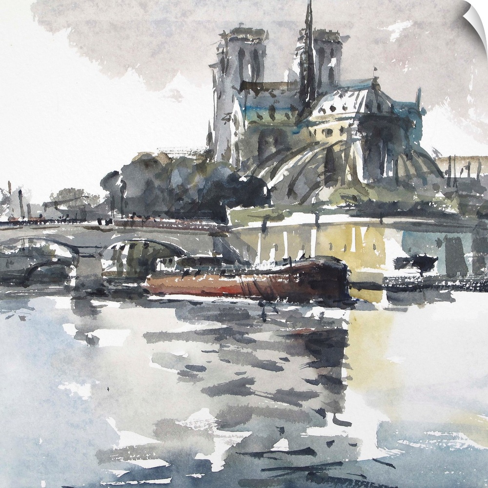 This contemporary artwork uses moody grays and rustling watercolor brush strokes to illustrate the barge on river Seine wi...