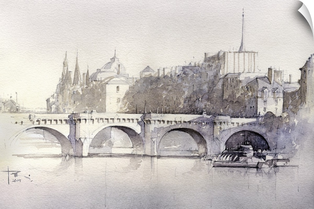 Soft brush strokes of warm watercolors create a hazy moody landscape of the Pont Neuf Bridge.