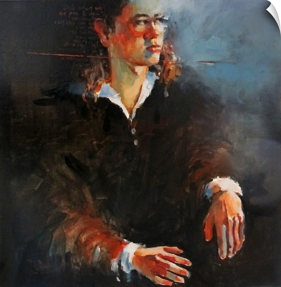 Complementary colors and broad brush strokes illustrate a defiant gaze of a young man.