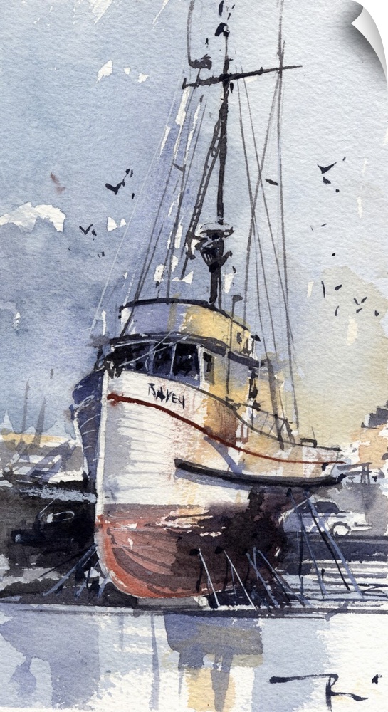 Gestural brush strokes of muted watercolors illustrate a ship on land awaiting repairs.