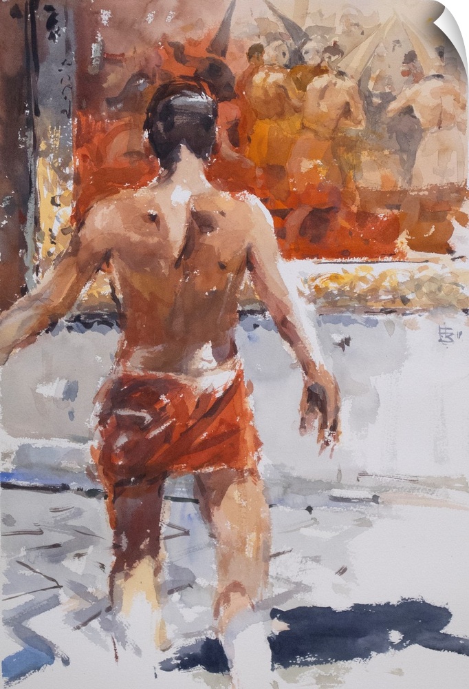 A young man wearing a red wrap around his hips looks like he is about to step into the painting "A Procession of Flagellan...