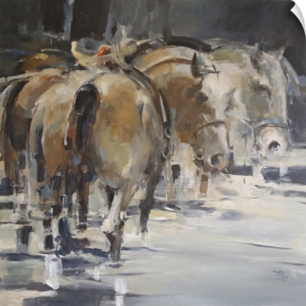 This contemporary artwork showing horses resting in the river using a moody palette and impressionistic brush strokes.